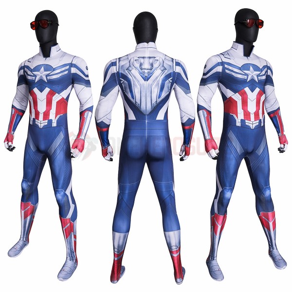 Captain America 4 Cosplay Costumes Sam Wilson White and Blue HD Printed Jumpsuit