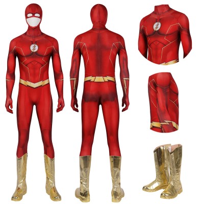 Barry Allen S8 Spandex Cosplay Bodysuit With Gold Boots
